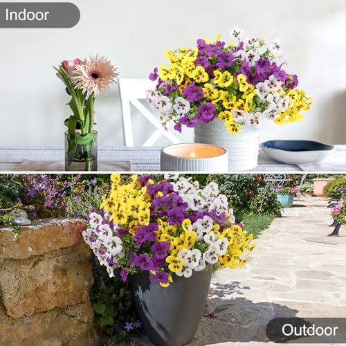 Artificial Pansies Flowers for Outdoor Faux Flower Spring Summer Decor, 12 Bundles Realistic Fake Silk Flowers Outside UV Resistant for Porch Patio Garden Home Yard Window Planter Purple Yellow White - color: Purple Yellow White