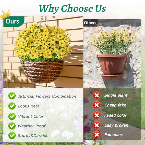 Elyum Artificial Flowers for Outdoors, 18 Bundles Artificial Plants & Flowers Outdoor, UV Resistant Faux Flowers Outdoor Fake Flowers for Outside Porch Window Box Decoration(Yellow) - color: Yellow, size: 18 Pack