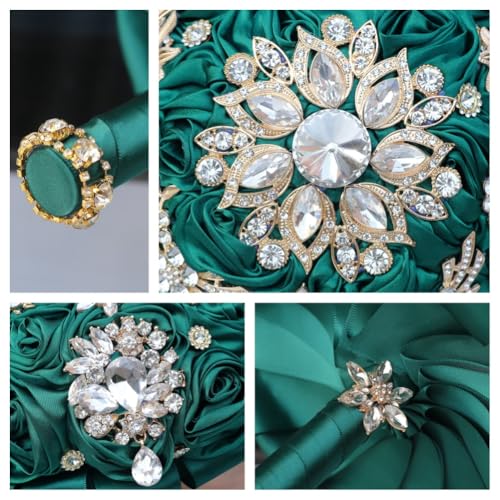 6.3in Small Bridal Bouquet Wedding Handmade with Luxury Gold Rhinestone Brooch Satin Rose Flower for Bridesmaid Bridal Wedding Bouquet Dark Green - color: Dark Green, size: Small (DIA. 6.3"/16cm)