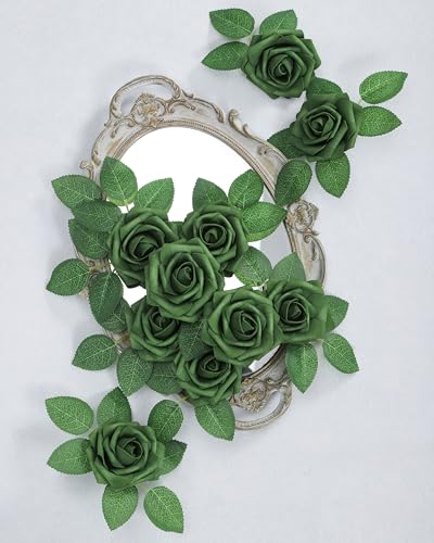 DuHouse 25Pcs Artificial Roses Flowers Fake Rose with Stems Real Touch Foam Flowers for DIY Wedding Bouquet Party Centerpiece Floral Arrangement Party Home Decor(Army Green) - color: Army Green, size: 25pcs