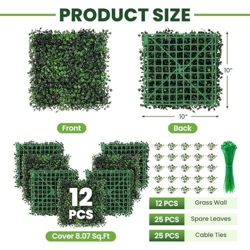 Grass Wall 12 Pack 10"x10" Artificial Boxwood Hedge Wall Panels, Privacy Hedge Screen Faux Boxwood for Outdoor,Indoor,Garden,Fence,Backyard,Greenery Walls - size: 10"X10" 12P
