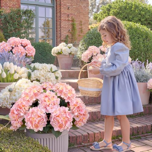 Janinka 2 Pcs Pink and White Outdoor Artificial Hydrangea Stem Large Faux Hydrangea Bushes with 5 Heads Uv-Resistant Waterproof Outdoor Faux Floral for Porch Wedding Yard Garden Decorations - color: Pink and White