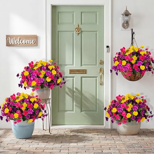 Hommyea Artificial Flowers for Outdoors, 6 Bundles Multicolor Silk Fake Hibiscus Flowers for Spring Summer Decoration, UV Resistant Fake Plants Plastic Bouquet for Home Planter Porch Patio Yard Decor - color: Deep Purple,rose Red,yellow