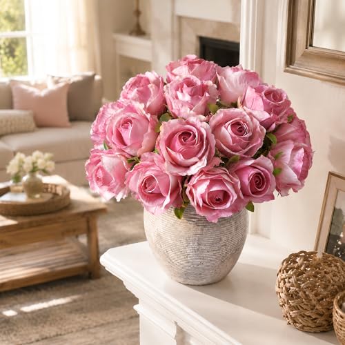 Ivydale 18pcs Pink Roses Artificial Flowers, Fake Roses Silk Flowers with Stems Realistic Bouquet for Wedding Party Mother's Day DIY Centerpiece Floral Romantic Gifts - color: Rose-a Pink