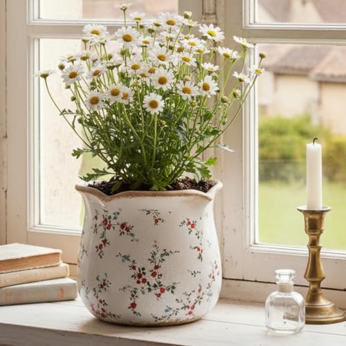 Ceramic Pots for Plants, Vintage Plant Pot with Drainage Hole, 6.11in. Planter for Indoor Plants, Crackle Glaze Finish Flower Pot, Perfect Tuscan Ceramic Planter for Gardening, Small Red Blooms - color: Small Red Blooms