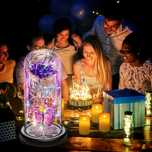 Mothers Day Mom Gifts for Mom Women Birthday Gift Galaxy Glass Rose in Glass Dome Forever Eternal Crystal Flowers with Butterfly Mother's Day Flower Gifts for Women Wife Grandma Daughter Sister Purple - color: A Purple