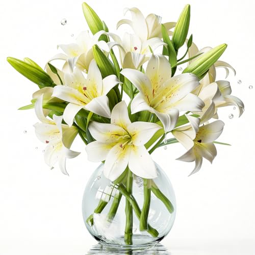18 Artificial Lily Flowers with 12 Heads Fully Bloomed Lilies and 6 Buds, Short Stem Tiger Lily Artificial Flowers for Home Hotel Flower Arrangement Party Decor (White) - color: White