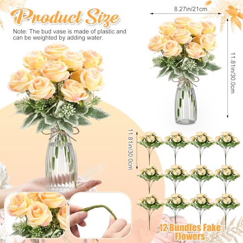 Zeyune 36 Pack Artificial Flowers Centerpiece with Vase Bulk for Wedding Table 24 Bundles Silk Floral Faux Rose Bouquet with 12 Plastic Vase for Bridal Shower Table Decor(Champagne) - color: Champagne