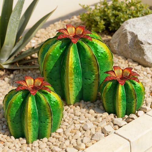 KODIBO Metal Cactus Outdoor Decor, 3-Pack Yard Art Fake Barrel Cactus Sculptures with Flower Tops, Weather-Resistant Patio Lawn Decorations for Flower Bed, Rock Garden, Porch, Housewarming Gift - color: Barrel Cactus: 3-pack