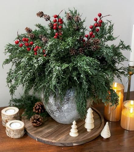 Faux Cedar Stems Artificial Norfolk Pine Branches for Christmas Decorations, 17 PCS Faux Pine Stems with Pinecones Red Berries Branches Realistic Faux Greenery for Vases DIY Garland Xmas Table Indoor - color: 12 Pcs Cedar Stems, 3 Pcs Red Berry Stems, 2 P