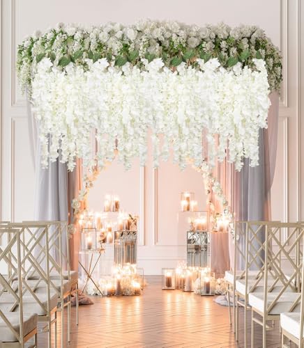3PCS Artificial Wisteria Hanging Flowers, 5.25ft Ivory Wisteria Garland with 6 Branches Realistic Silk Ivory Hanging Flowers for Decoration, Wedding Arch, Party Backdrop, and Home Wall Decor - color: Ivory
