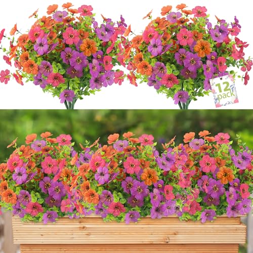 ATTGREAT Artificial Spring Flowers for Outdoors Faux Plants UV Resistant Realistic Fake Flowers Outside for Garden Planter Porch Home Decor, 12 Bundles (Multicolor) - color: 3 Multicolor, size: 12Pcs