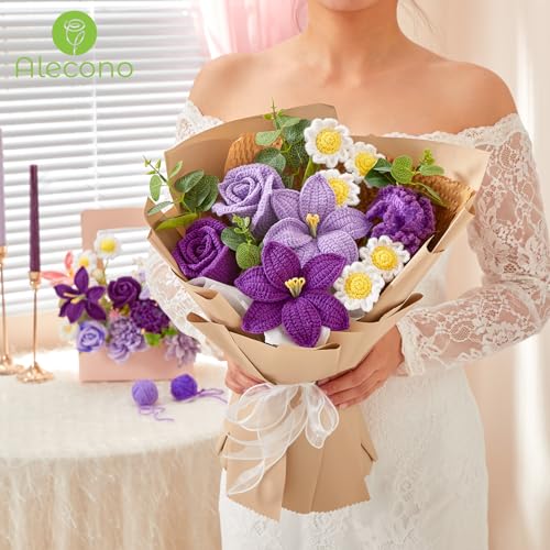 Alecono Crochet Flower Bouquet, Purple Knitted Flowers, Large Knitted Flower for Graduation Anniversary Party Christmas Festival Gifts (Include Card) - color: Lavender, size: X-Large