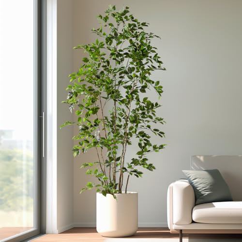 Bailikang Artificial Ficus Tree Indoor 8ft, Large Potted Faux Tree with Realistic Silk Leaves & Trunk for Home Office, Living Room Corner Decor - color: Green, size: 8ft