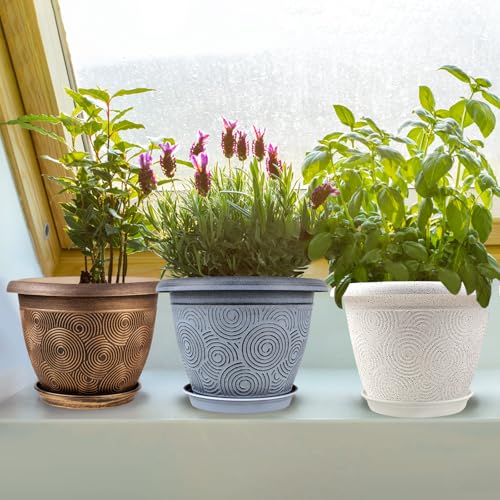 Fodetyff 6 Inch Flower Pots Planters for Indoor Outdoor Plants, 6 Pack Plastic Small Plant Pots with Drainage Hole & Tray, Modern Decorative Garden Pot with Saucer, Plant Container for House - color: White, size: 6 inch-6 pack
