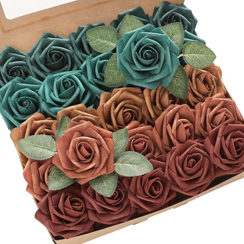 Floroom Artificial Flowers 25pcs Real Looking Teal Green Terracotta Ombre Colors Foam Fake Roses with Stems for DIY Wedding Bouquets Bridal Shower Centerpieces Floral Arrangements Tables Decoration - color: Shades of 1970s