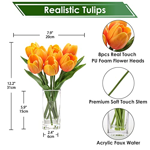 Briful Fake Flowers Artificial Tulip Flower Orange in Clear Vase, Real Touch Foam Tulip Arrangement Suitable for Home Office Decoration, Dining Table Centerpiece - color: Orange