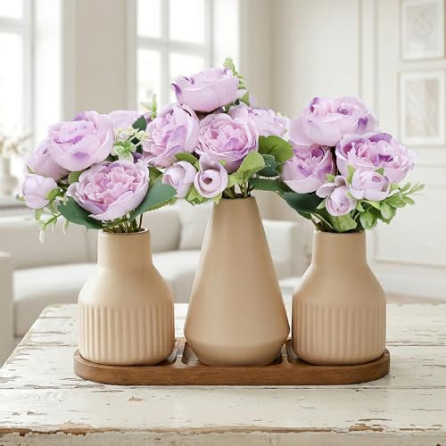 Flower Table Centerpiece - Dining Table Centerpiece Decor Set of 3 Fake Peonies in Ceramic Vases & Wood Tray Modern for Kitchen Island Living Room Coffee Table Home Decor (Light Purple) - color: Light Purple