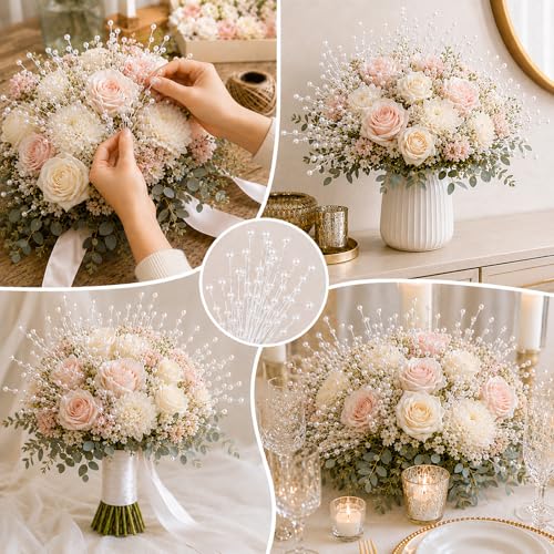 60 Pieces Pearl Stick Stems Bouquets, 4mm Bead String Garland Beaded Spray Filler Floral Arrangements Tree Picks Wedding Party Decoration, Mother's Day Flower Decor, Christmas Tree Picks (White) - color: White