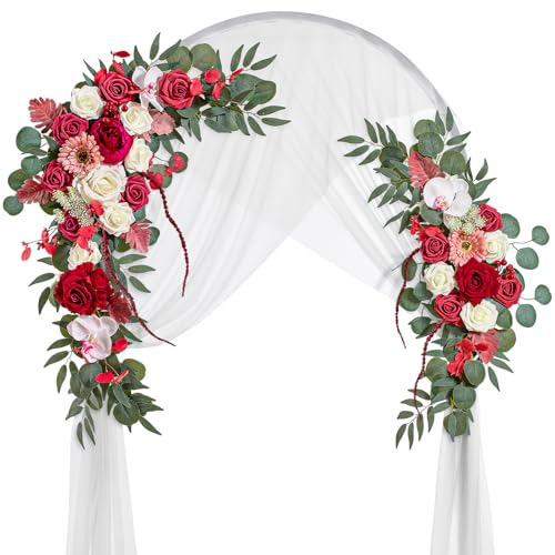 Lisuun Artificial Wedding Arch Flowers with Chiffon Runner, Pack of 3 | Includes 2 Flower Swags, 1 20ft Chiffon Runner and Zip Ties for Wedding Arches, Arbors and Backdrops - color: Wine Red & Coffee