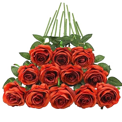 Tifuly Orange Roses Artificial Flowers -12 Pcs Long Stem Silk Roses, Realistic Fake Roses with Stem for Bridal Bouquets, Home and Office DIY Decor - color: Orange