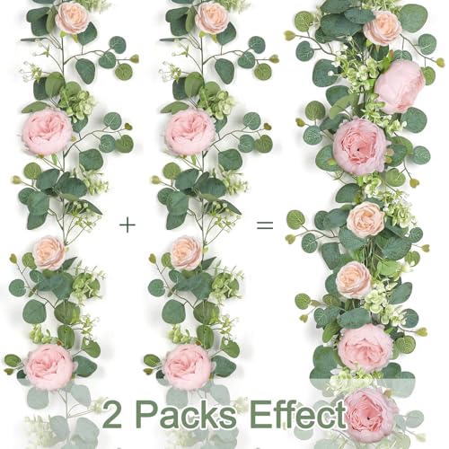 2 Pack 13FT Flower Garland, Artificial Rose Vine Fake Flower Garland Silk Rose Peony Hanging Vine Faux Floral Garlands for Wedding Party Arch Table Wall Backdrop Decoration (Light Pink, 2PCS) - color: Light Pink, size: 2PCS