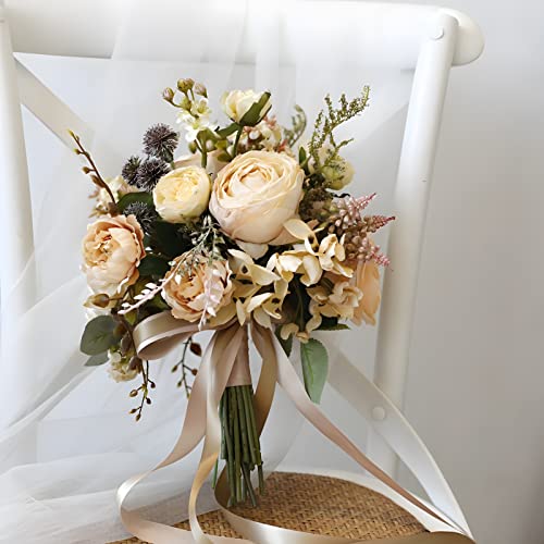 Artificial Wedding Bouquet for Brides Bridesmaid Holding Flower with Greenery Artificial Fabric Rose Wedding Flower Bridal Toss (Champagne) - color: Champagne