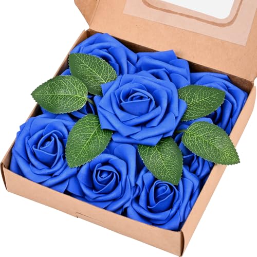 9 Pcs Artificial Flowers Fake Rose with Stems - Blue Real Touch Foam Roses for DIY Wedding Bouquet Bridal Shower Cake Toppers Centerpiece Table Valentines Day upplies Decorations - color: Blue, size: 9Pcs