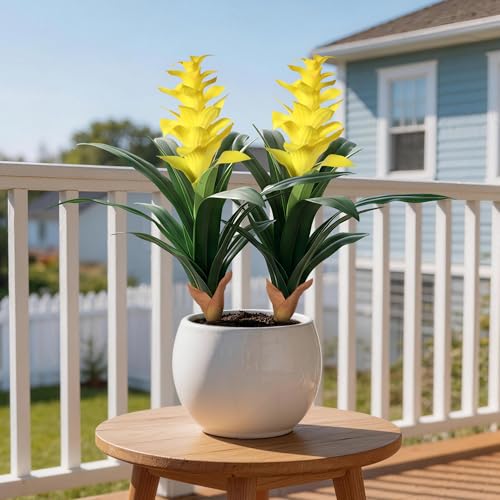 Ivydale Fake Flowers Plants for Outdoors, 2 Pcs 16.93" Bromeliad Artificial Flowers Uv Resistant Realistic Faux Flowers for Outdoor Planters Outside Porch Patio Yard Garden Indoor Decoration(Yellow) - color: Yellow