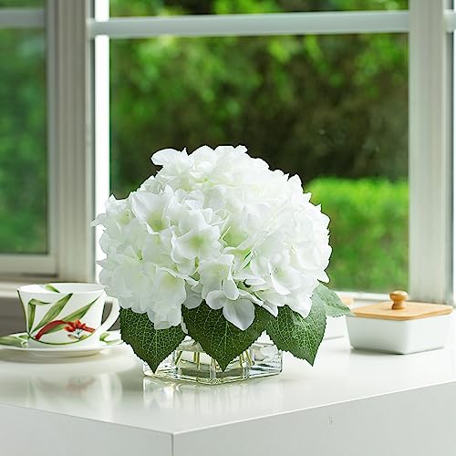 ENOVA FLORAL Silk Hydrangea Artificial Flowers in Vase with Faux Water, Silk Flower Arrangements in Vase for Home Decor, Wedding Table (Cream) - color: Cream