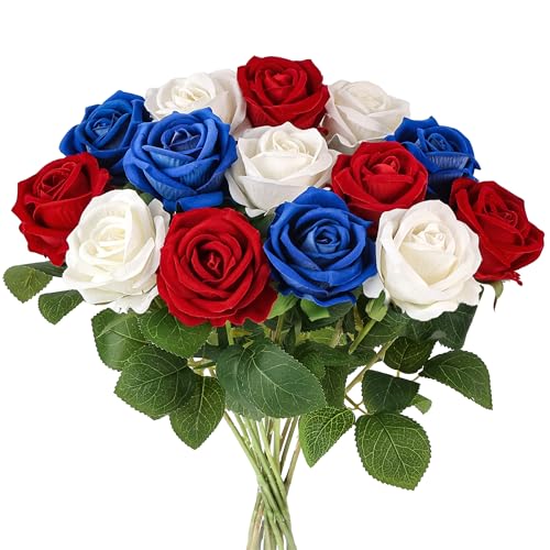 Auihiay 14PCS Red White Blue Artificial Roses, Patriotic Velvet Silk Fake Roses Flowers with Long Stem for 4th of July Independence Day Home & Memorial Day Decorations - color: Red White Blue