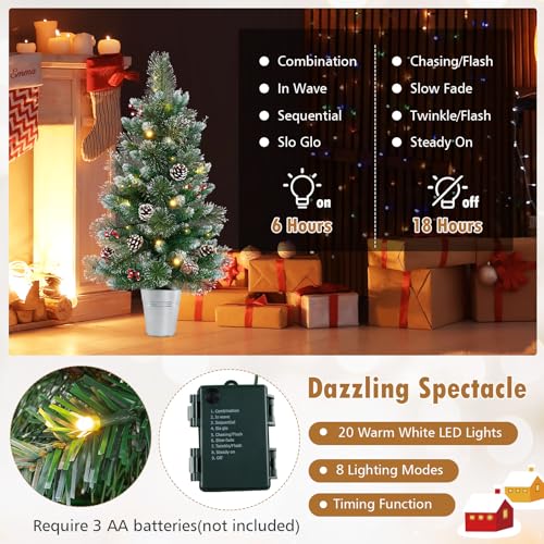 GOFLAME 3FT Prelit Artificial Entrance Christmas Tree, Indoor Outdoor Potted Xmas Tree with 20 LED Lights, Flocked Pine Needles, Eucalyptus Leaves, Red Berries, Pine Cones, 8 Light Modes, Timer - color: Green