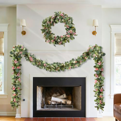 2Pack Eucalyptus Flower Garland with Violet 5.9Ft Artificial Ivy Greenery Hanging Vine Fake Ivy Floral Plants Garland for Wedding Outdoor Garden Party Background Table Runner, Total 11.8Ft, Pink - color: Pink Violet
