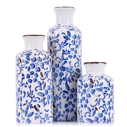 Chinoiserie Decor Ceramic Vases Set - 3 Blue and White Vase, Chinoiserie Vase Farmhouse Country, Flower Vases Home Decor, Living Room Decoration, Entrance, Fireplace, Table Decoration, Centerpieces - color: Blue Floral