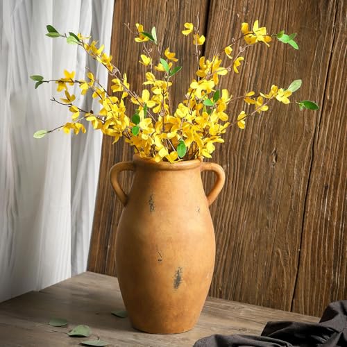 Large Ceramic Flower Vase,11.3 inch Terracotta Vase with 2 Handles, Rustic Farmhouse Vases, Decorative Pottery Flower Vases for Home Decor, Living Room Shelf Decor, Table - color: 102-2-11.3in