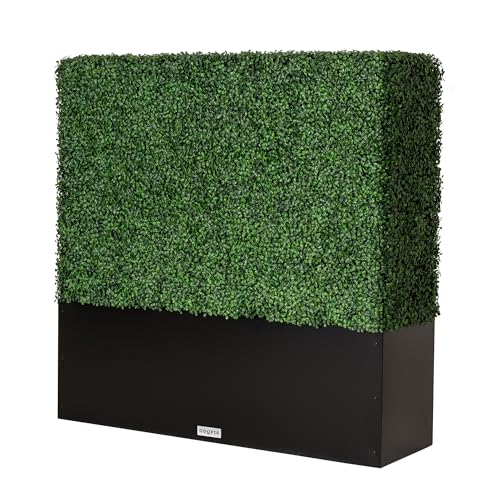 Artificial Boxwood Hedge Wall,Greenery Fake Faux Grass Backdrop Divider with Black Steel Planter Box,Outdoor Privacy Panels for Patio,Balcony,Restaurant,Garden,Party Décor 48" WX48 HX14 D - size: 48"WX48"HX14"D
