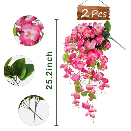 Artificial Fake Hanging Flowers Plants for Outdoor, Faux Silk Hibiscus Long Trailing Vines Realistic UV Resistant for Home Indoor Outside Front Porch Planter Patio Yard Decor,2Pcs (Pink) - color: Pink