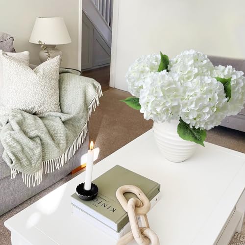 JINWOE White Silk Flowers Hydrangea Artificial Flowers, 5Pcs 20Inch Large Lifelike Faux Flowers, Full Fake Artificial Hydrangeas with Stems for Bouquet Table Centerpieces Home Decoration - color: White