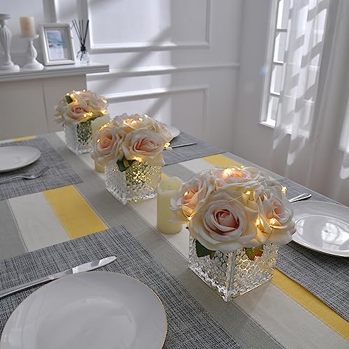 Fule Artificial Silk Rose Flower Centerpiece Arrangement in Glass Vase with LED Light for Home Wedding Decoration (Champagne) - color: Champagne