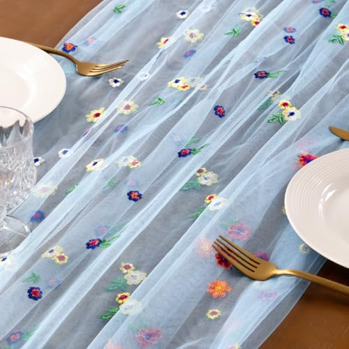 Socomi Flower Table Runner Summer Daisy Floral Tulle Gauze Cheesecloth Embroidery Table Runners for Tea Party Garden Wedding Bridal Baby Shower Birthday Picnic Decor Blue 1pc - color: Daisy Blue, size: 10ft X 1pc