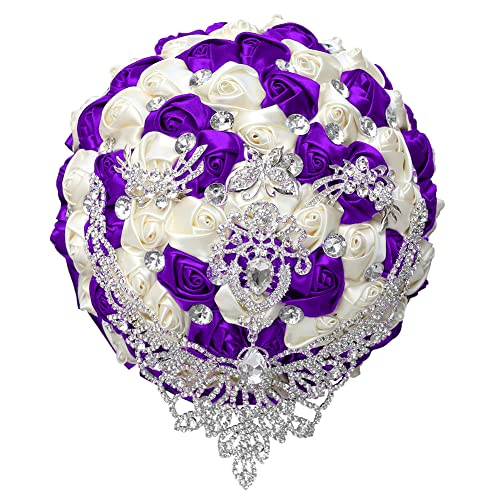 Sharebeauty 8.3 Inch Handmade Satin Rose Bridal Bouquet Toss Round Wedding Bouquet Throw Toss Artificial Flower Bunch Purple + Ivory - color: W28717 Purple/Ivory, size: 8.3"/21cm