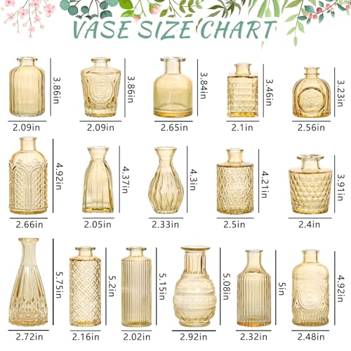 SUPMIND 16Pcs Glass Bud Vase Set, Small Flower Vases in Bulk for Centerpieces, Mini Vintage Amber Vase for Wedding, Home Decor, Table Decoration - Gold Amber - color: Goldamber