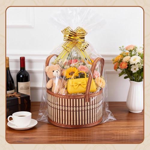 kuchisity 14 Set Baskets for Gifts Empty, Large Woven Bamboo Gift Basket Kit with Handle Wrap Bag Golden Bow for Graduation Party, Wedding, Birthdays, Wrapping
