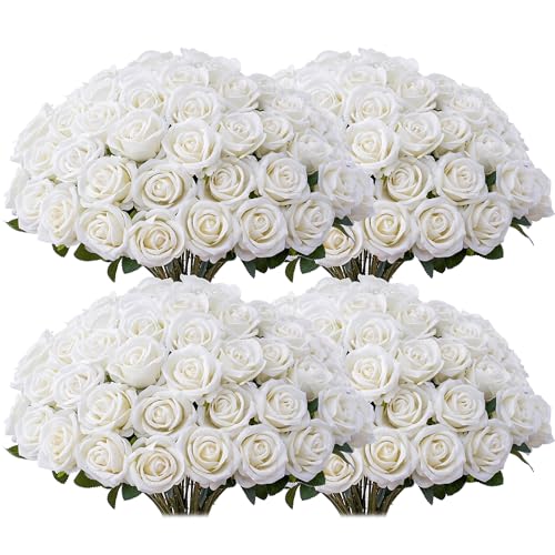 100 PCS Fake White Roses, Artificial Flowers Bulk Realistic Silk Faux Ivory Rose with Stems for Wedding Decorations Table Centerpieces Bridal Bouquet DIY Floral Arrangement Event Party Home Decor - color: White, size: 100 Pcs