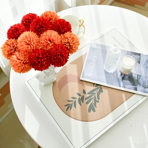 Mandy's 12pcs Artificial Red and Orange Chrysanthemum | 11.8 inch Artificial Mums Flowers for Home Table Centerpiece Summer Decor Silk Flowers for Porch Patio and Wedding - color: Red and Orange