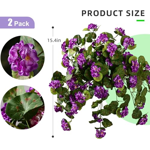Artificial Geranium Flowers for Outdoor 2 Pcs Artificial Purple Flower Fake Flowers with Stems Silk Realistic Look Real Floral Arrangement for Front Door Porch Planter Patio Balcony (2 Pcs Purple) - color: 2 Pcs Purple