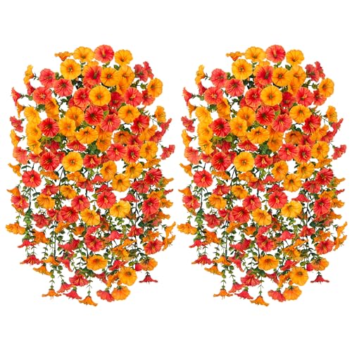 Artificial Faux Fall Hanging Flowers Plants for Outdoor Decor,2 PCS Fake Silk Morning Glory with Eucalyptus UV Resistant Realistic Vine for Wall Home Porch Patio Balcony Yard Decor,Yellow and Orange - color: Yellow+orange