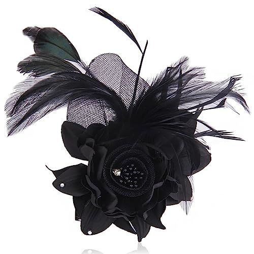 Elegant Flower Brooch for Women Wedding Party Dance Banquet Pins Feather Flower Fascinator Lady Floral Hairpins Dress Suit Lapel Pin Ceremony Accessories Corsage Brooches Vintage Jewelry Gifts - color: Black
