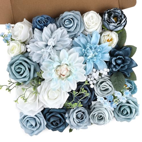 AGIRL Artificial Flowers Combo Silk Mix Blue Fake Flower with Stems for DIY Wedding Bouquets Centerpieces Arrangements Table Chair Decor Baby Shower Home Decor (Light Blue) - color: Light Blue