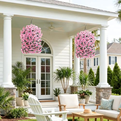 Hoppwodd Artificial Flower for Outdoors 4pcs Fake Lily Hanging Flower Baskets for Outside UV Resistant Silk Faux Long Trailing Vines for Garden Porch Patio, Pink - color: Pink